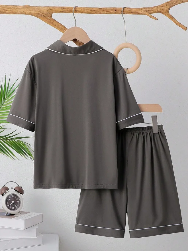 Take Two Boys Grey Buttoned Shirt And Shorts Pyjama Set