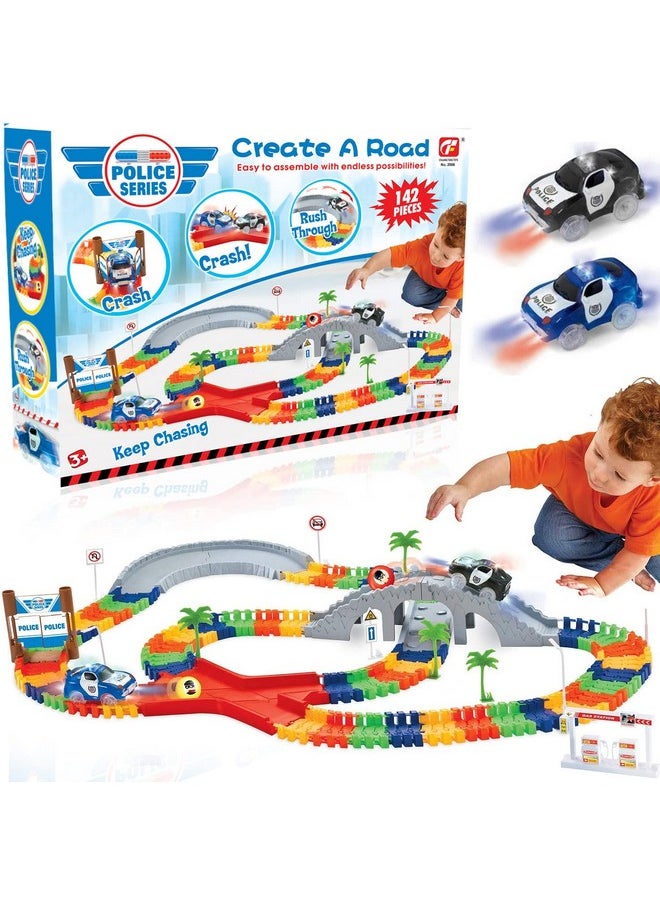 Liberty imports 142 Pieces Police Patrol Chase Create a Road Super Snap Speedway - Magic Journey Flexible Track Set with LED Light Up Toy Cars  - Image 1