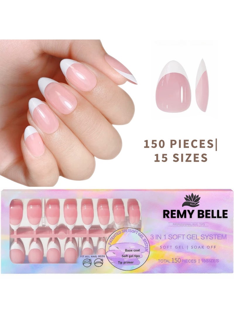 ريمي بيلا أظافر فرنش جل - أظافر فرنش جاهزة بالضغط بشكل ألموند مع برايمر وطبقة أساس مُسبقة 150 قطعة - Image 1
