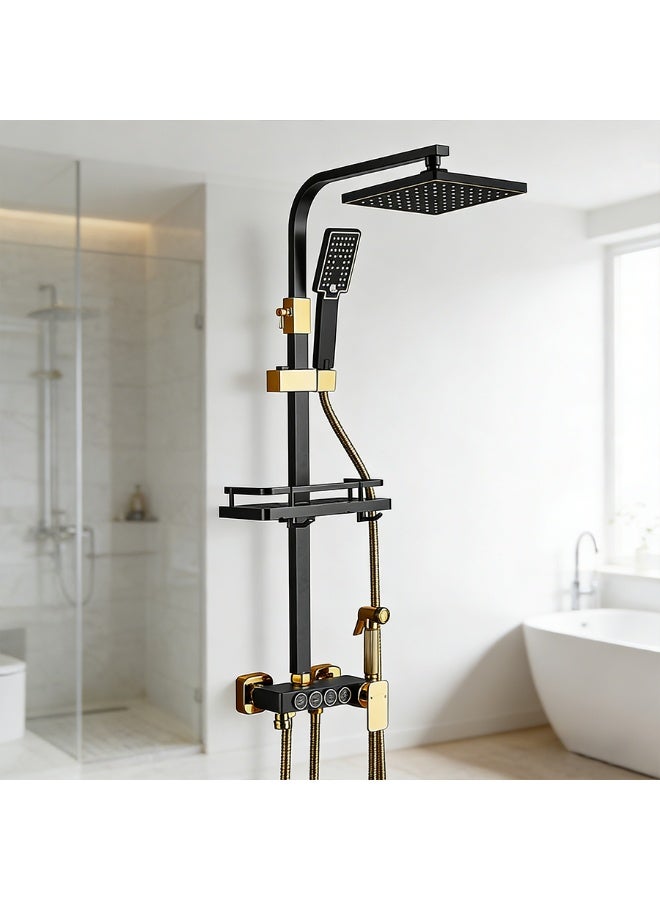 POWER Black Gold Rainfall Shower System Stainless Steel 4 Function High Pressure Shower Set with Square Top Shower Head Hand Shower Mixer Valve Wall Mounted Bathroom Shower Kit - Image 1
