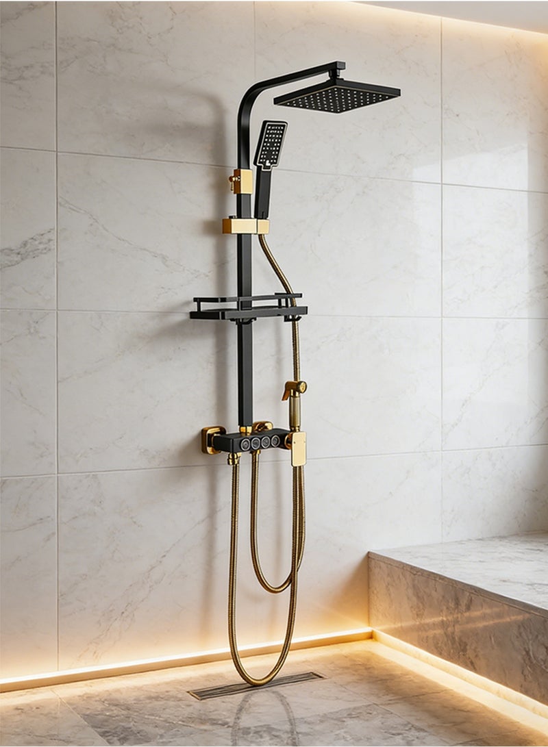 POWER Black Gold Rainfall Shower System Stainless Steel 4 Function High Pressure Shower Set with Square Top Shower Head Hand Shower Mixer Valve Wall Mounted Bathroom Shower Kit - Image 1