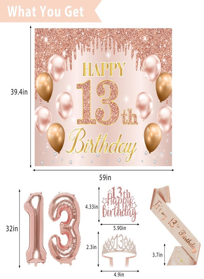 RTHPY 13th Birthday Decorations for Girls, It's My 13th Birthday Crown and Sash Pink Rose Gold 13th Threenager Cake Topper Banner Backdrop Balloons Hanging Swirls Happy 13 Years Old Party Supplies - Image 3