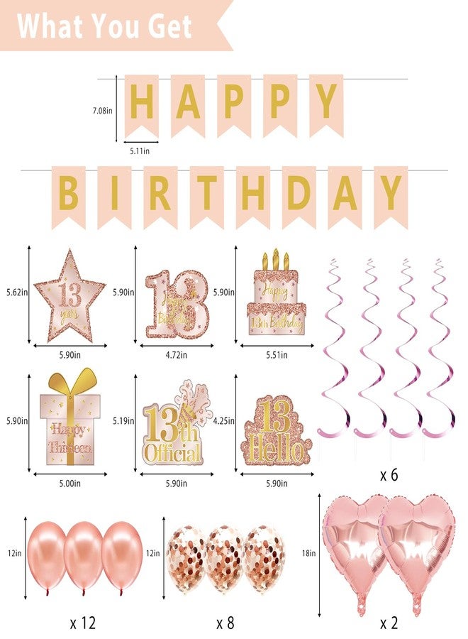 RTHPY 13th Birthday Decorations for Girls, It's My 13th Birthday Crown and Sash Pink Rose Gold 13th Threenager Cake Topper Banner Backdrop Balloons Hanging Swirls Happy 13 Years Old Party Supplies - Image 2