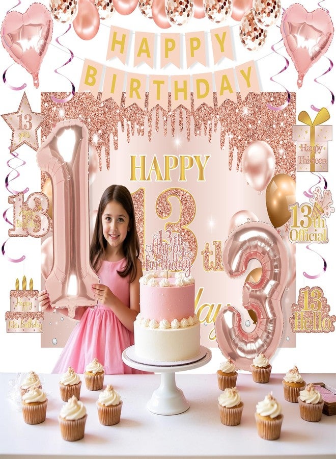 RTHPY 13th Birthday Decorations for Girls, It's My 13th Birthday Crown and Sash Pink Rose Gold 13th Threenager Cake Topper Banner Backdrop Balloons Hanging Swirls Happy 13 Years Old Party Supplies - Image 4