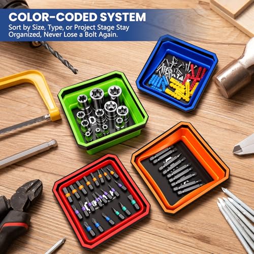 DIKTALK Foldable Magnetic Parts Tray Set - 4 Pack Color-Coded Collapsible Trays, 2lb Capacity & Strong Magnet Base for Auto Repair, Mechanics, Workshop Organization (4.5" Square) - Image 4
