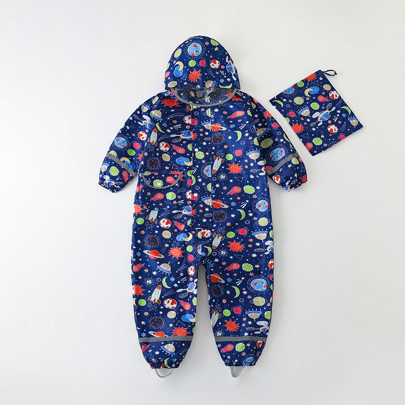 Children'S Fashionable Waterproof Three-Dimensional One-Piece Raincoat For Boys And Girls, Unicorn Spaceship Astronaut - Image 1