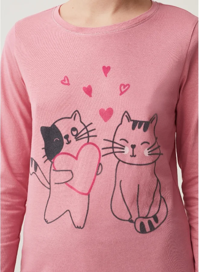 او في اس Ovs Full-Length Pyjamas With Hearts And Cats Print