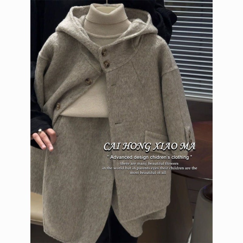 Children'S Clothing 2025 Early New Stylish Suits For Boys And Girls, Trendy Hooded Woolen Coat And Carrot Pants - Image 5