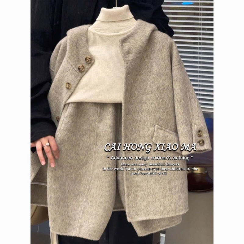 Children'S Clothing 2025 Early New Stylish Suits For Boys And Girls, Trendy Hooded Woolen Coat And Carrot Pants - Image 2