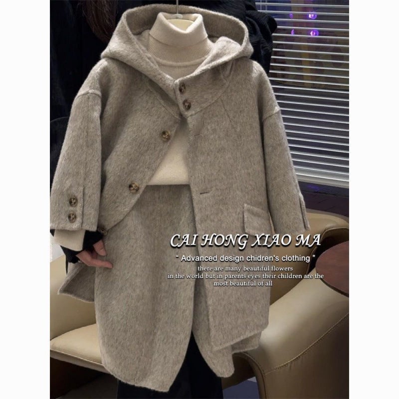 Children'S Clothing 2025 Early New Stylish Suits For Boys And Girls, Trendy Hooded Woolen Coat And Carrot Pants - Image 4