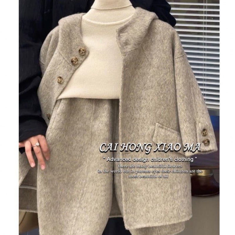 Children'S Clothing 2025 Early New Stylish Suits For Boys And Girls, Trendy Hooded Woolen Coat And Carrot Pants - Image 1