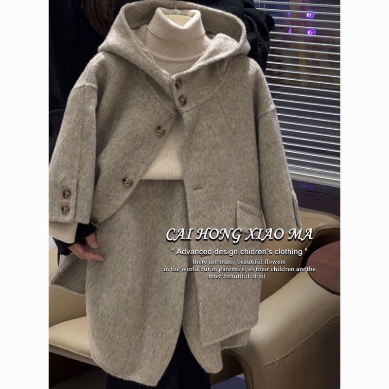 Children'S Clothing 2025 Early New Stylish Suits For Boys And Girls, Trendy Hooded Woolen Coat And Carrot Pants - Image 3