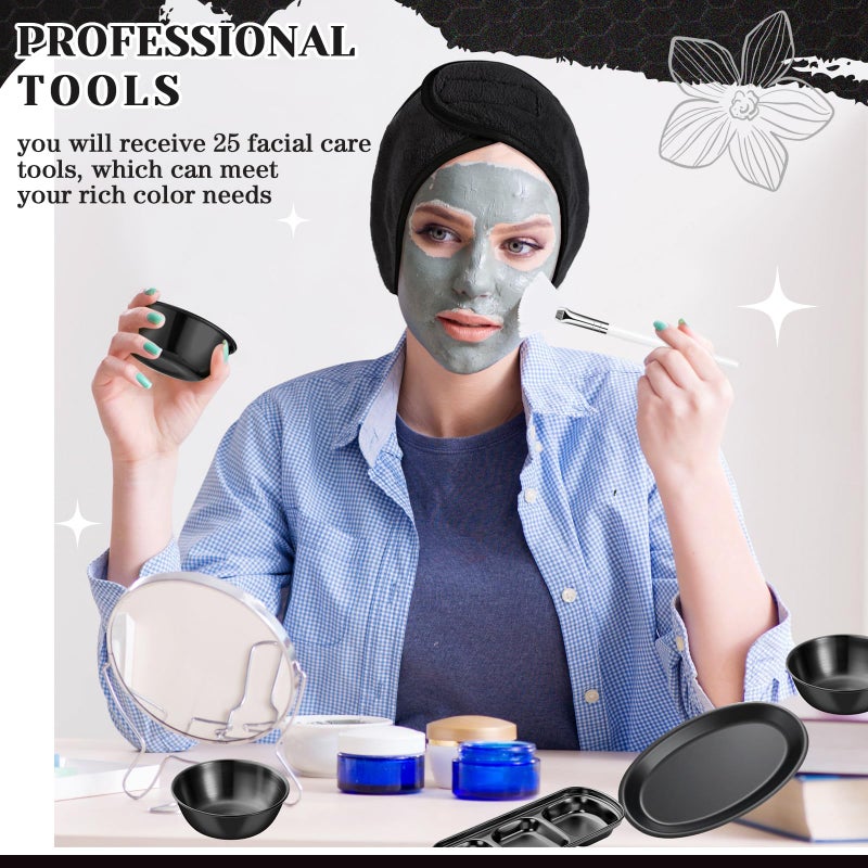 LemonRoad 25 Pcs Esthetician Facial Supplies Set, 3 Stainless Steel Mixing Bowls, 2 Serving Trays, 6 Brushes, 2 Hairbands, 12 Compressed Sponges for Women Facial Mask Spa Home Use(Black) - Image 4