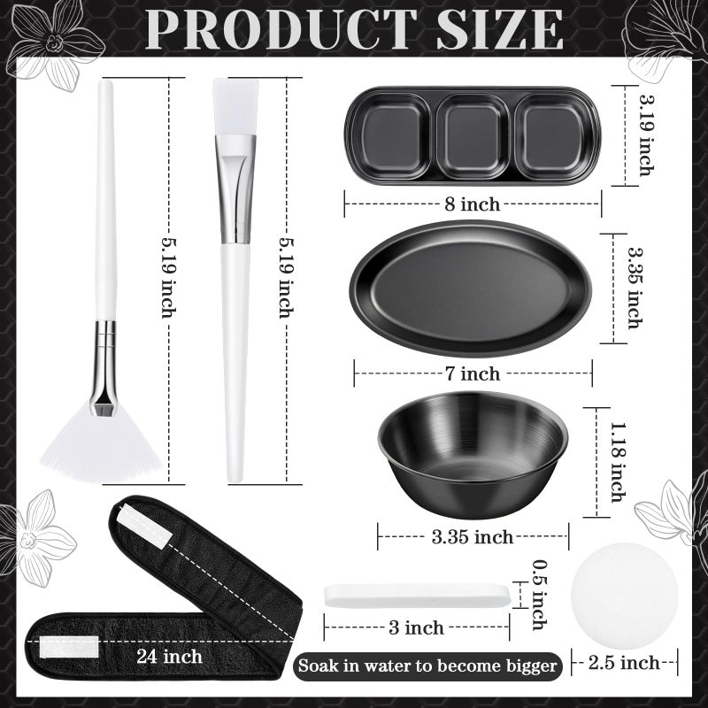 LemonRoad 25 Pcs Esthetician Facial Supplies Set, 3 Stainless Steel Mixing Bowls, 2 Serving Trays, 6 Brushes, 2 Hairbands, 12 Compressed Sponges for Women Facial Mask Spa Home Use(Black) - Image 2