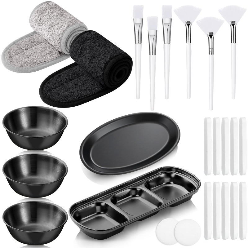 LemonRoad 25 Pcs Esthetician Facial Supplies Set, 3 Stainless Steel Mixing Bowls, 2 Serving Trays, 6 Brushes, 2 Hairbands, 12 Compressed Sponges for Women Facial Mask Spa Home Use(Black) - Image 1