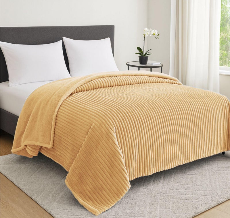 VAS COLLECTIONS Reversible Sherpa Fleece Throw Blanket Plush Flannel Throw, Ultra Soft Warm Ribbed Microfiber all season/ac blanket for Sofa Couch Bed, Luxury Thick Striped Blanket, Beige, 220x230 CM, - Image 4