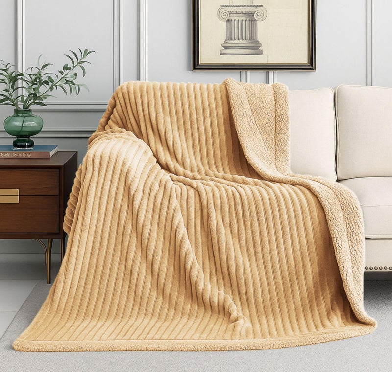VAS COLLECTIONS Reversible Sherpa Fleece Throw Blanket Plush Flannel Throw, Ultra Soft Warm Ribbed Microfiber all season/ac blanket for Sofa Couch Bed, Luxury Thick Striped Blanket, Beige, 220x230 CM, - Image 1