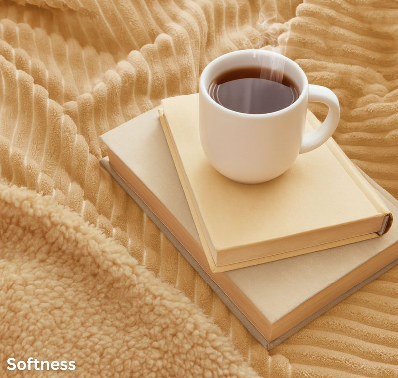 VAS COLLECTIONS Reversible Sherpa Fleece Throw Blanket Plush Flannel Throw, Ultra Soft Warm Ribbed Microfiber all season/ac blanket for Sofa Couch Bed, Luxury Thick Striped Blanket, Beige, 220x230 CM, - Image 3