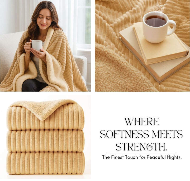 VAS COLLECTIONS Reversible Sherpa Fleece Throw Blanket Plush Flannel Throw, Ultra Soft Warm Ribbed Microfiber all season/ac blanket for Sofa Couch Bed, Luxury Thick Striped Blanket, Beige, 220x230 CM, - Image 5