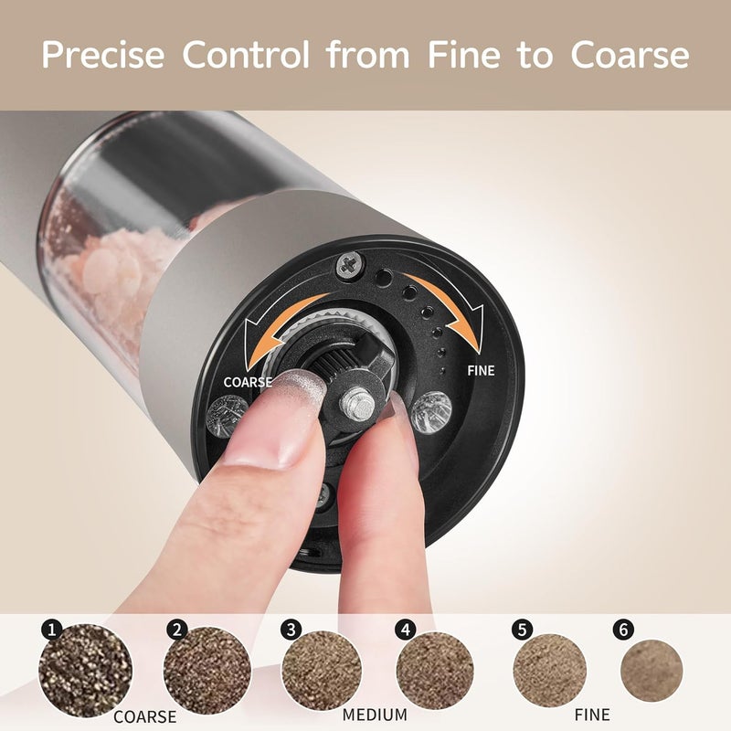 CULINARY FUN Gravity Electric Salt and Pepper Grinder Set with USB-C Charging Base,Rechargeable Automatic Stainless Steel Pepper Mill Grinder with LED Light, 2pack(Brown) - Image 3