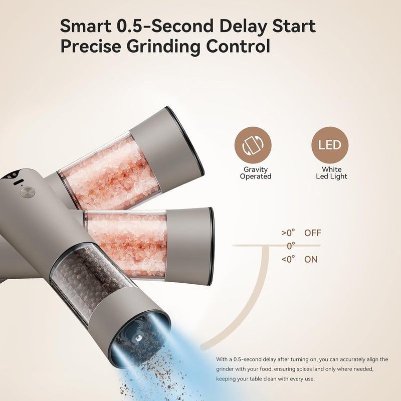 CULINARY FUN Gravity Electric Salt and Pepper Grinder Set with USB-C Charging Base,Rechargeable Automatic Stainless Steel Pepper Mill Grinder with LED Light, 2pack(Brown) - Image 2