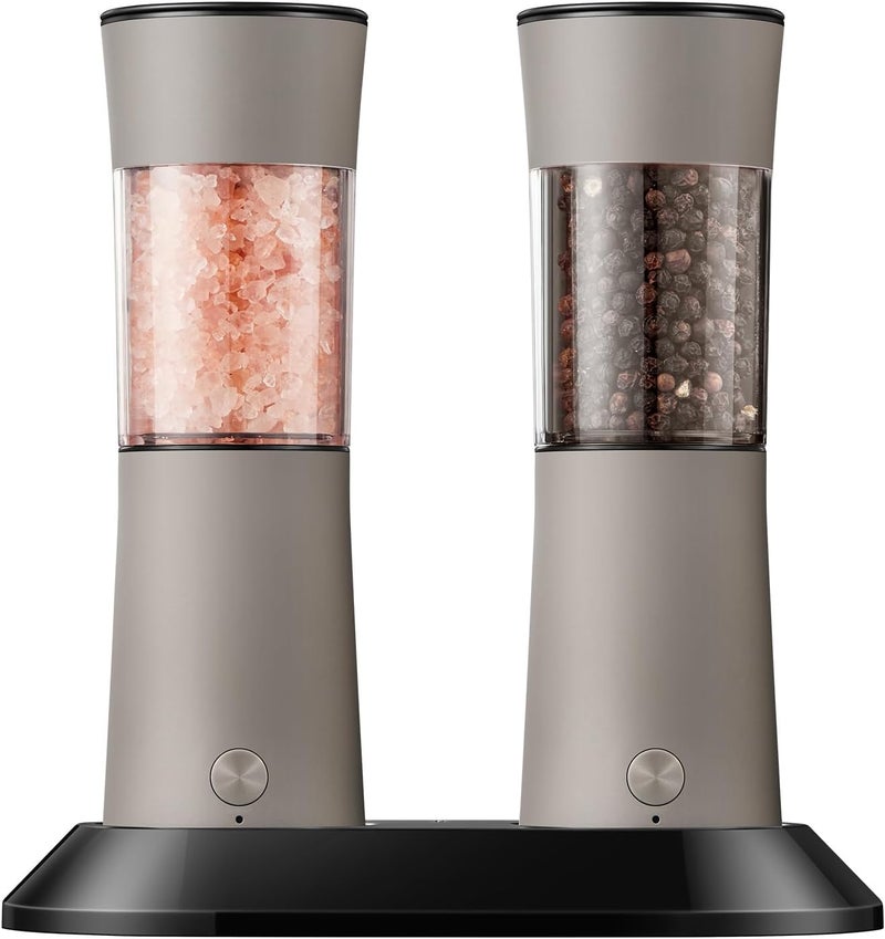 CULINARY FUN Gravity Electric Salt and Pepper Grinder Set with USB-C Charging Base,Rechargeable Automatic Stainless Steel Pepper Mill Grinder with LED Light, 2pack(Brown) - Image 1