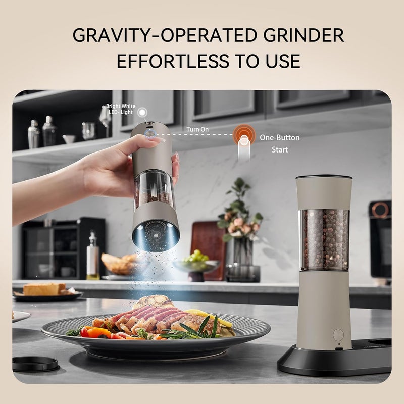 CULINARY FUN Gravity Electric Salt and Pepper Grinder Set with USB-C Charging Base,Rechargeable Automatic Stainless Steel Pepper Mill Grinder with LED Light, 2pack(Brown) - Image 5