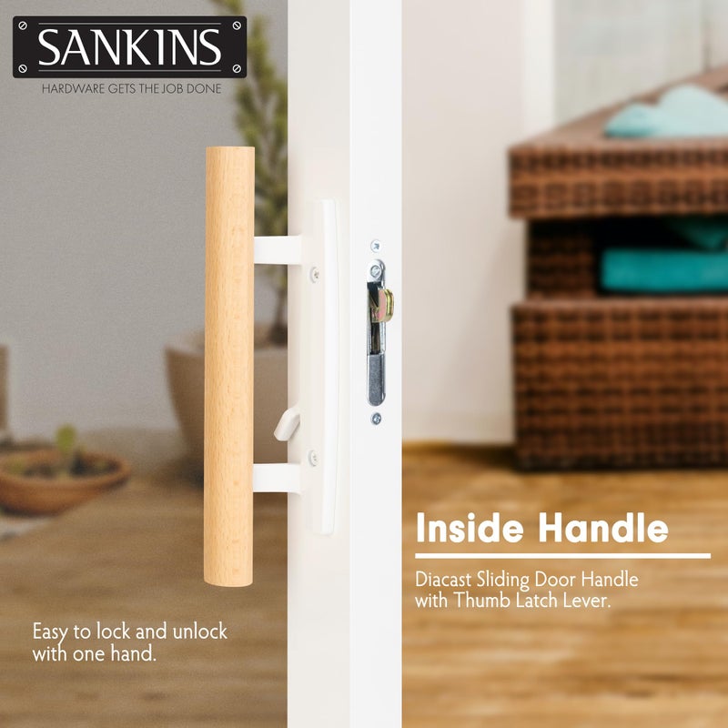 SANKINS Sliding Patio Door Handle Set With Mortise Lock  Replacement Oak Wood Flush Handle & Exterior Pull In Diecast For Sliding Glass Door  Fits 3-15/16  Hole Spacing  Mortise Lock 45  Non-Keyed  White - Image 4