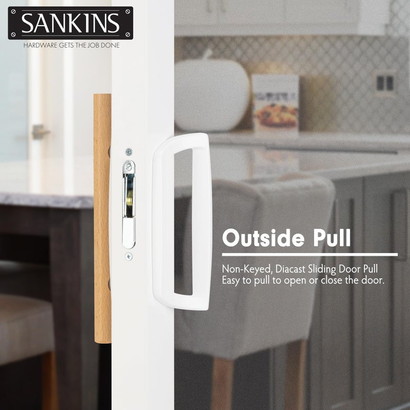 SANKINS Sliding Patio Door Handle Set With Mortise Lock  Replacement Oak Wood Flush Handle & Exterior Pull In Diecast For Sliding Glass Door  Fits 3-15/16  Hole Spacing  Mortise Lock 45  Non-Keyed  White - Image 5