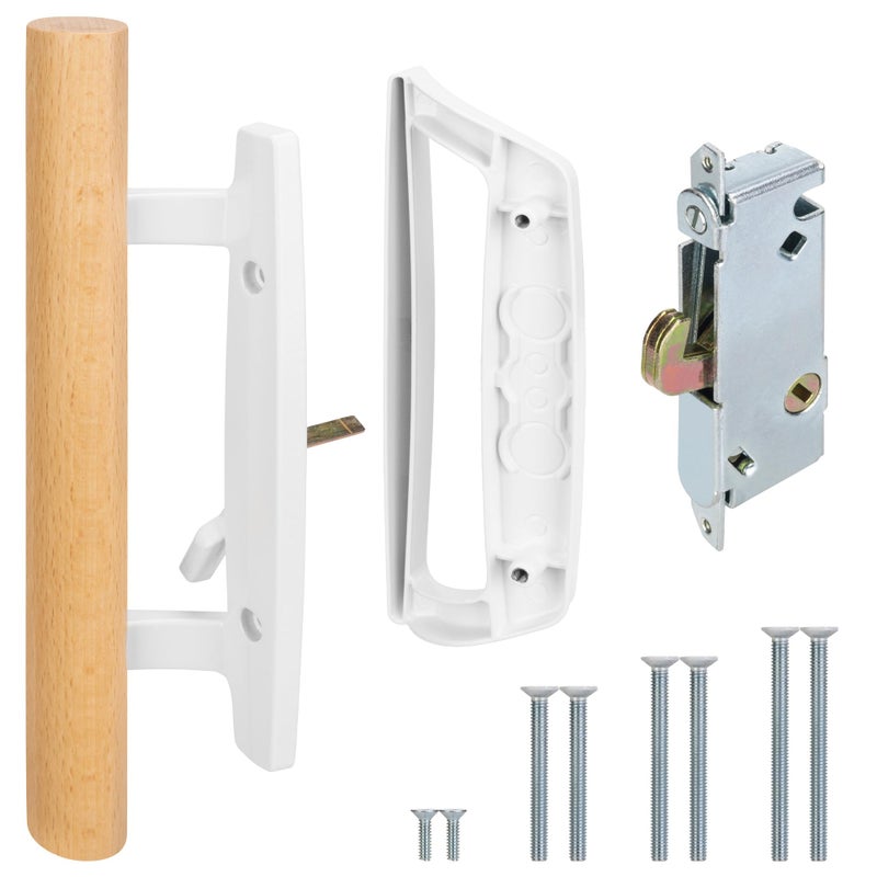 SANKINS Sliding Patio Door Handle Set With Mortise Lock  Replacement Oak Wood Flush Handle & Exterior Pull In Diecast For Sliding Glass Door  Fits 3-15/16  Hole Spacing  Mortise Lock 45  Non-Keyed  White - Image 1