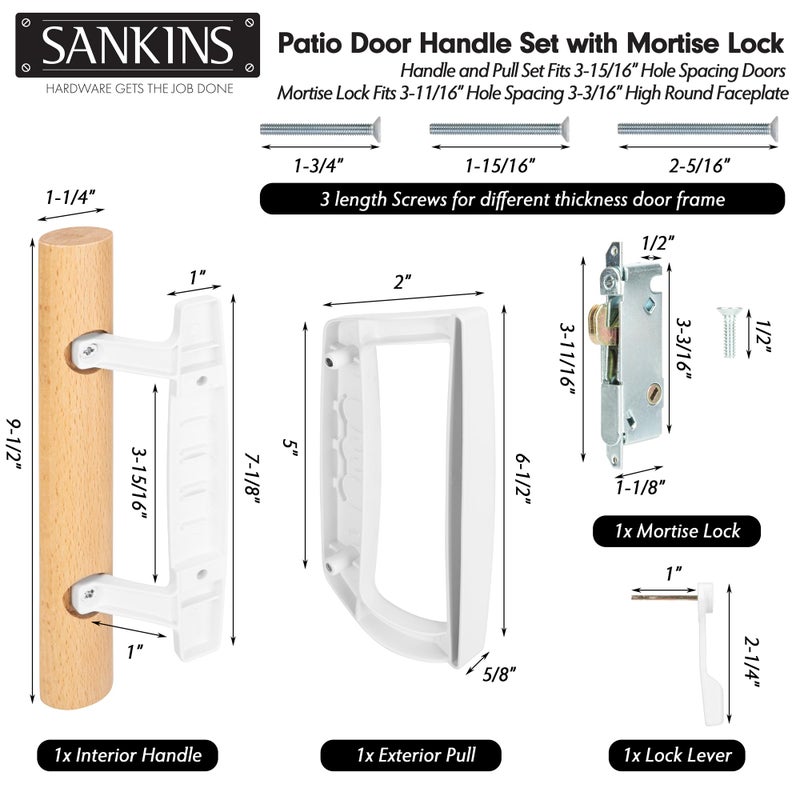SANKINS Sliding Patio Door Handle Set With Mortise Lock  Replacement Oak Wood Flush Handle & Exterior Pull In Diecast For Sliding Glass Door  Fits 3-15/16  Hole Spacing  Mortise Lock 45  Non-Keyed  White - Image 2