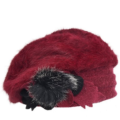 VECRY Lady French Beret 100% Wool Beret Floral Dress Beanie Winter Hat (Angola-Claret) - Image 2