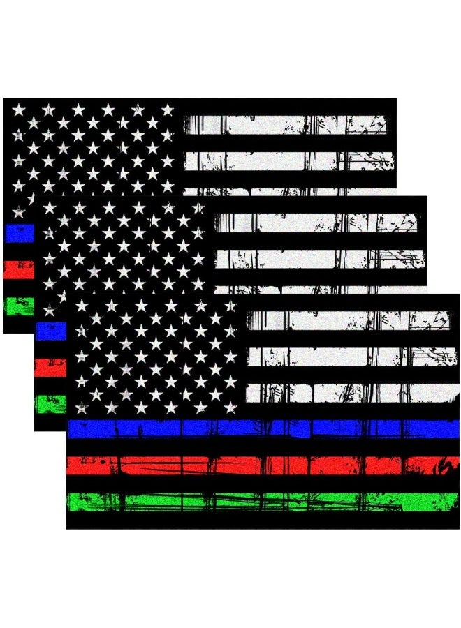 Creatrill Reflective Tattered Thin Blue Red Green Line Decal Matte Black Â€“ 3 Packs 3X5 In. American Usa Flag Decal Stickers For Cars, Trucks, Hard Hat, Support Police Fire Officers Military Troops - Image 1