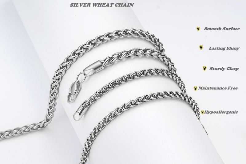 FOSIR Silver Wheat Chain Necklace for Men, Stainless Steel Chains for Men and Women, 2.5mm Mens Necklaces 20 Inch (Men's Average Length) - Image 4