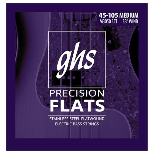 GHS Strings أوتار جي إتش إس M3050 4-أوتار باص دقيق مسطحة، أوتار باص مسطحة من الفولاذ المقاوم للصدأ، 38" لف، متوسط (45-105) - Image 1