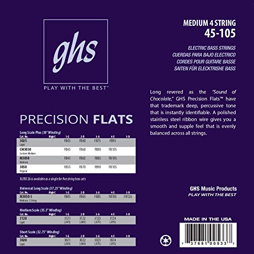 GHS Strings أوتار جي إتش إس M3050 4-أوتار باص دقيق مسطحة، أوتار باص مسطحة من الفولاذ المقاوم للصدأ، 38" لف، متوسط (45-105) - Image 2