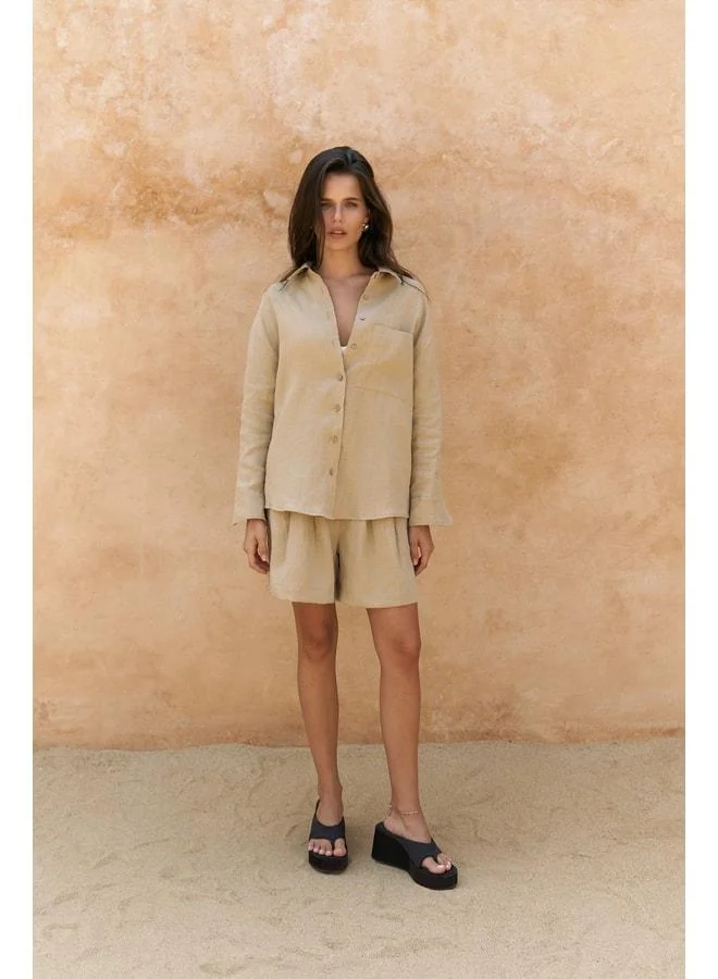 Bohemai  Gaelil Oversize Khaki Linen Shirt & Shorts Set for Women | Best Price UAE