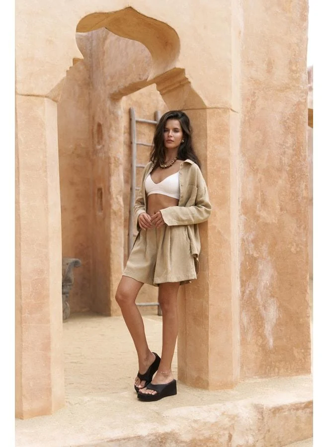 Gaelil Oversize Khaki Linen Shirt & Shorts Set