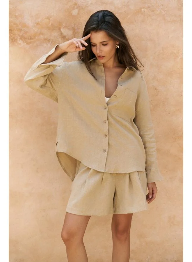 Bohemai  Gaelil Oversize Khaki Linen Shirt & Shorts Set for Women | Best Price UAE