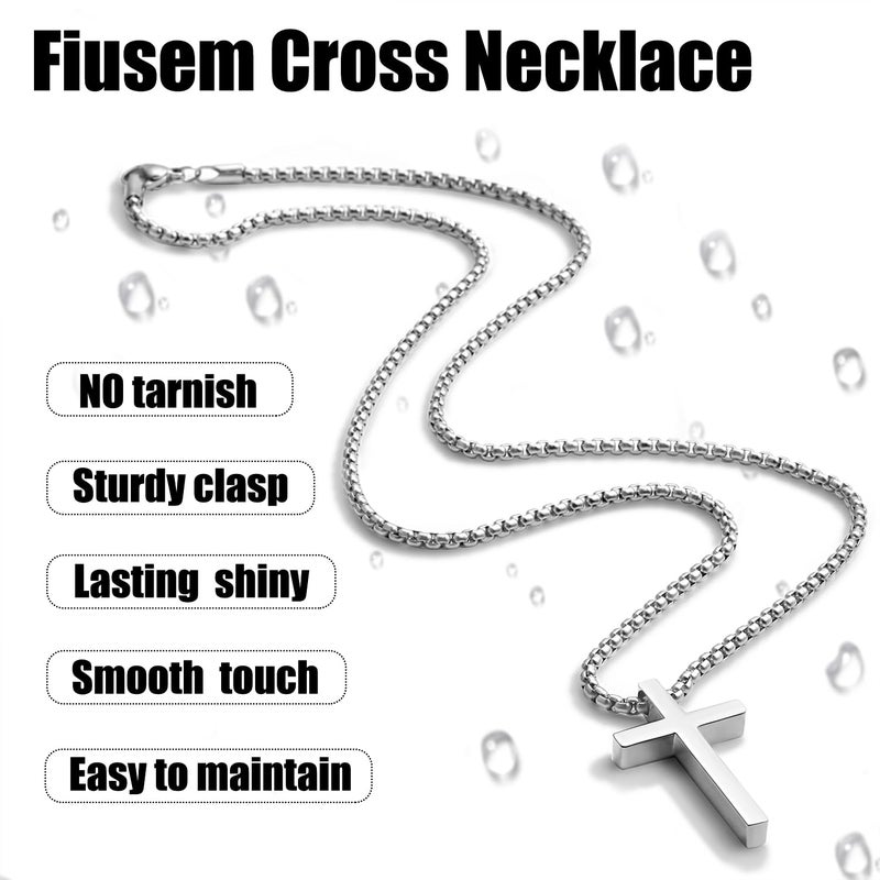 Fiusem Silver Tone Cross Necklace for Men, Mens Cross Necklaces with 2.5mm Cross Chain and Stainless Steel Cross Pendant Small, Box Chain 20 Inch, Jewelry Gift - Image 4