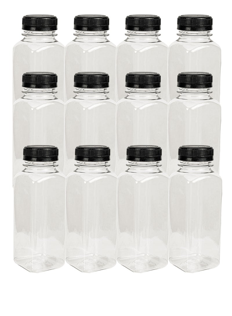 Lavish Empty Plastic Reusable Square Bottles 12Pcs 500ml/16Oz | Transparent Juice, Milk, Water Storage Containers with Black Caps | Portable Travel Size Beverage Bottles - Image 1
