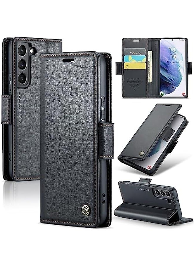 RFID Blocking Case for Samsung Galaxy S21 Plus - Card Holder, Leather, Kickstand, Magnetic Closure - Shockproof Flip Case for Men and Women (Black) - Image 1
