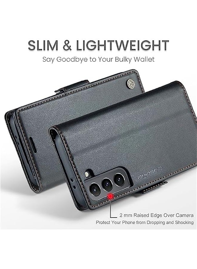 RFID Blocking Case for Samsung Galaxy S21 Plus - Card Holder, Leather, Kickstand, Magnetic Closure - Shockproof Flip Case for Men and Women (Black) - Image 3