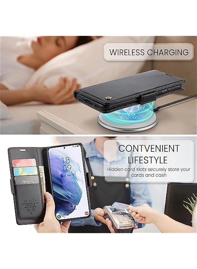 RFID Blocking Case for Samsung Galaxy S21 Plus - Card Holder, Leather, Kickstand, Magnetic Closure - Shockproof Flip Case for Men and Women (Black) - Image 5