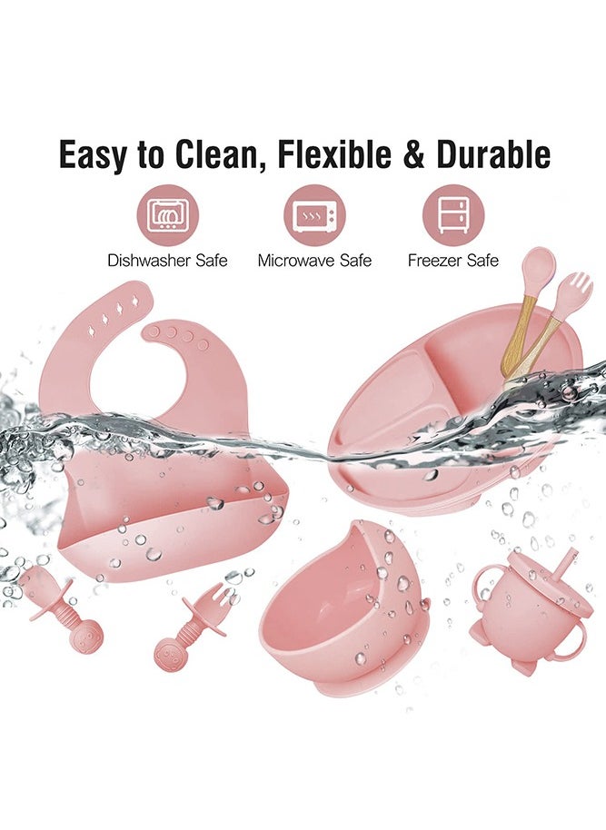 Bebiland 8-Piece Durable Baby Feeding Set, Dishwasher Safe BPA Free Led Weaning Supplies for Toddlers with SIlicone Bib, Sippy Cup, Forks, Spoons, Suction Bowl and Plate, Pink  - Image 3