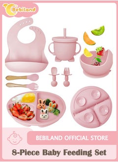 Bebiland 8-Piece Durable Baby Feeding Set, Dishwasher Safe BPA Free Led Weaning Supplies for Toddlers with SIlicone Bib, Sippy Cup, Forks, Spoons, Suction Bowl and Plate, Pink  - Image 1