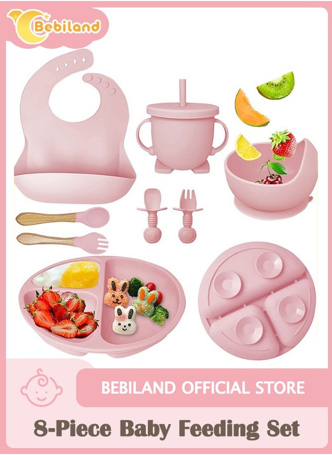 Bebiland 8-Piece Durable Baby Feeding Set, Dishwasher Safe BPA Free Led Weaning Supplies for Toddlers with SIlicone Bib, Sippy Cup, Forks, Spoons, Suction Bowl and Plate, Pink  - Image 1