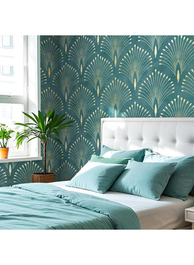 Livelynine 17.5x276" Art Deco Peel and Stick Wallpaper Vintage Teal Green Gold Elegant Wall Paper Renter Friendly Boho Peacock Feather Vinyl Wrap Self Adhesive Contact Paper Decorative for Furniture - Image 4