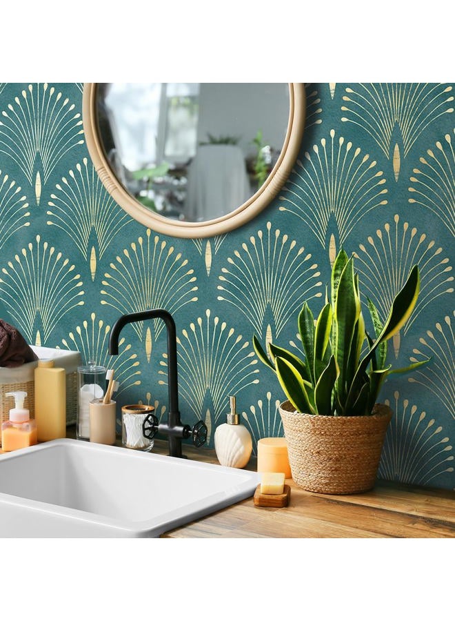 Livelynine 17.5x276" Art Deco Peel and Stick Wallpaper Vintage Teal Green Gold Elegant Wall Paper Renter Friendly Boho Peacock Feather Vinyl Wrap Self Adhesive Contact Paper Decorative for Furniture - Image 2