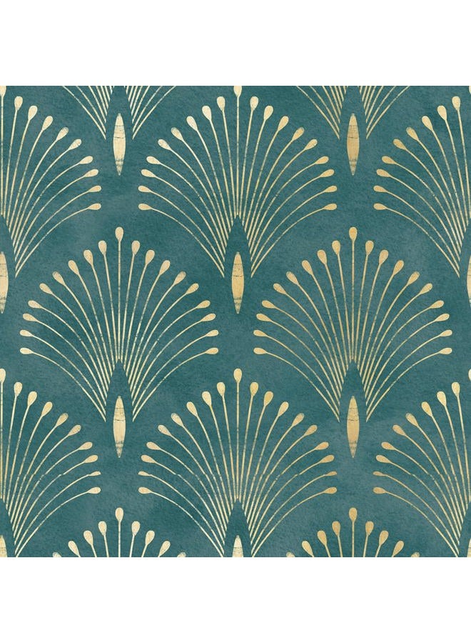Livelynine 17.5x276" Art Deco Peel and Stick Wallpaper Vintage Teal Green Gold Elegant Wall Paper Renter Friendly Boho Peacock Feather Vinyl Wrap Self Adhesive Contact Paper Decorative for Furniture - Image 1